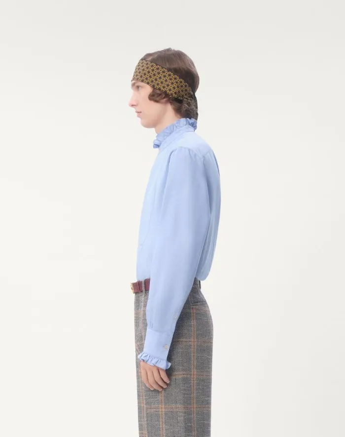 Valentino Shirts Man Cotton Shirt With Plastron And Ruffles For Man In Sky Blue Sky Blue Valentino Shirts Man Cotton Shirt With Plastron And Ruffles For Man In Sky Blue Sky Blue