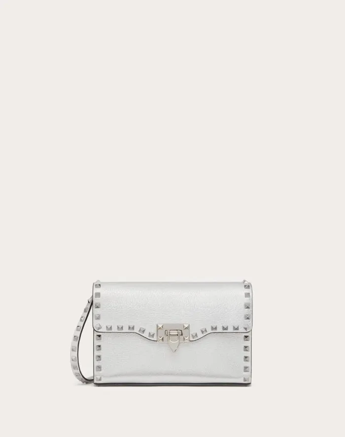 Valentino Shoulder Bags Woman Small Rockstud Grainy Metallic Calfskin Crossbody Bag For Woman In Silver Silver Valentino Shoulder Bags Woman Small Rockstud Grainy Metallic Calfskin Crossbody Bag For Woman In Silver Silver
