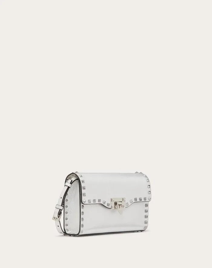 Valentino Shoulder Bags Woman Small Rockstud Grainy Metallic Calfskin Crossbody Bag For Woman In Silver Silver Valentino Shoulder Bags Woman Small Rockstud Grainy Metallic Calfskin Crossbody Bag For Woman In Silver Silver
