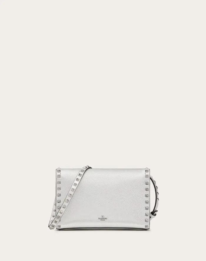 Valentino Shoulder Bags Woman Small Rockstud Grainy Metallic Calfskin Crossbody Bag For Woman In Silver Silver Valentino Shoulder Bags Woman Small Rockstud Grainy Metallic Calfskin Crossbody Bag For Woman In Silver Silver