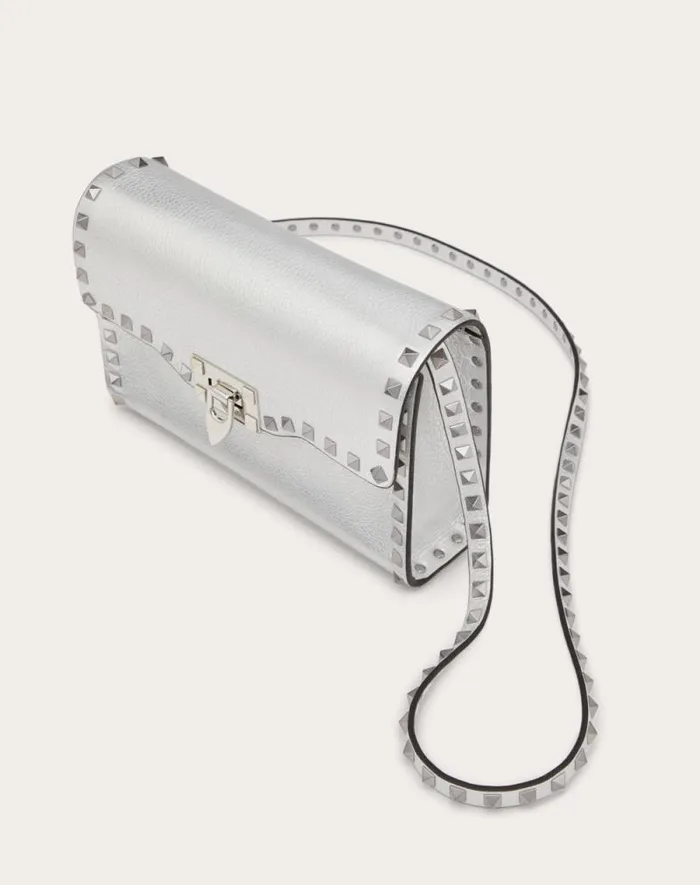 Valentino Shoulder Bags Woman Small Rockstud Grainy Metallic Calfskin Crossbody Bag For Woman In Silver Silver Valentino Shoulder Bags Woman Small Rockstud Grainy Metallic Calfskin Crossbody Bag For Woman In Silver Silver