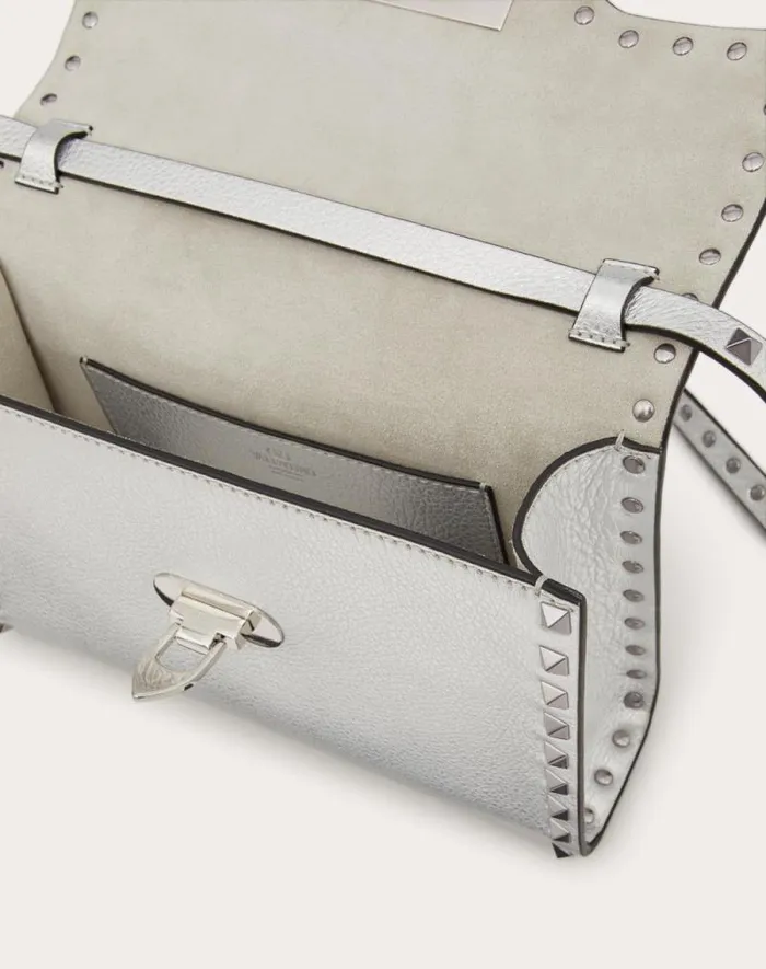 Valentino Shoulder Bags Woman Small Rockstud Grainy Metallic Calfskin Crossbody Bag For Woman In Silver Silver Valentino Shoulder Bags Woman Small Rockstud Grainy Metallic Calfskin Crossbody Bag For Woman In Silver Silver