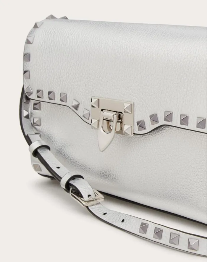 Valentino Shoulder Bags Woman Small Rockstud Grainy Metallic Calfskin Crossbody Bag For Woman In Silver Silver Valentino Shoulder Bags Woman Small Rockstud Grainy Metallic Calfskin Crossbody Bag For Woman In Silver Silver