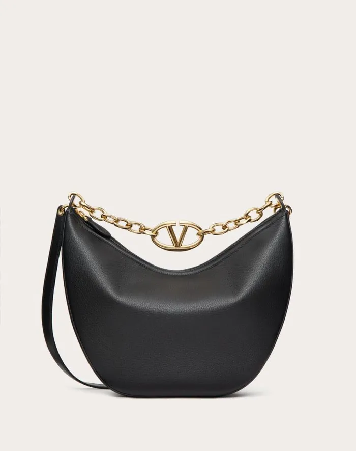 Valentino Shoulder Bags Woman Vlogo Moon Medium Grainy Calfskin Hobo Bag With Chain For Woman In Black Black Valentino Shoulder Bags Woman Vlogo Moon Medium Grainy Calfskin Hobo Bag With Chain For Woman In Black Black
