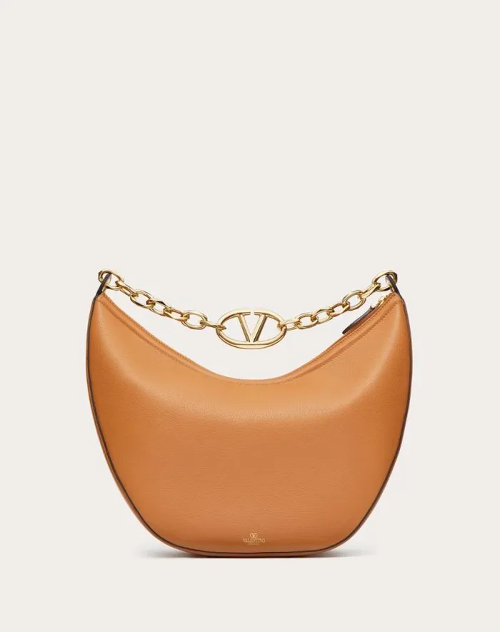 Valentino Shoulder Bags Woman Vlogo Moon Medium Grainy Calfskin Hobo Bag With Chain For Woman In Black Black