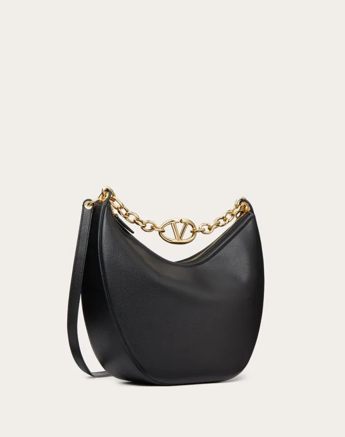 Valentino Shoulder Bags Woman Vlogo Moon Medium Grainy Calfskin Hobo Bag With Chain For Woman In Black Black
