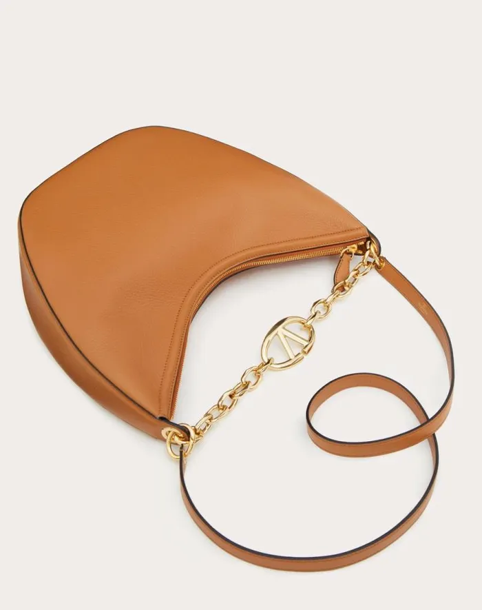 Valentino Shoulder Bags Woman Vlogo Moon Medium Grainy Calfskin Hobo Bag With Chain For Woman In Black Black