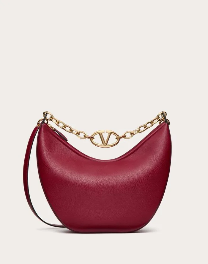 Valentino Shoulder Bags Woman Vlogo Moon Medium Grainy Calfskin Hobo Bag With Chain For Woman In Black Black