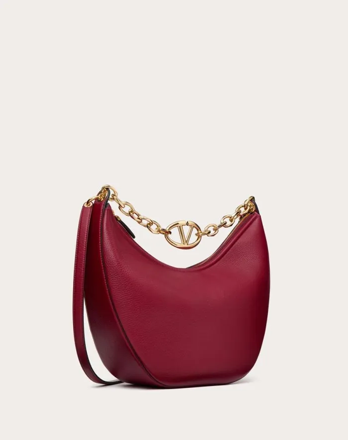 Valentino Shoulder Bags Woman Vlogo Moon Medium Grainy Calfskin Hobo Bag With Chain For Woman In Black Black
