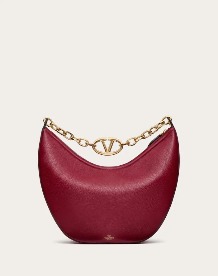 Valentino Shoulder Bags Woman Vlogo Moon Medium Grainy Calfskin Hobo Bag With Chain For Woman In Black Black
