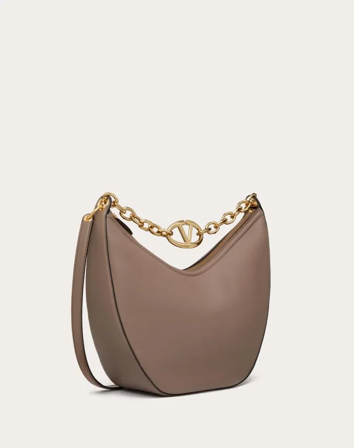 Valentino Shoulder Bags Woman Vlogo Moon Medium Grainy Calfskin Hobo Bag With Chain For Woman In Black Black