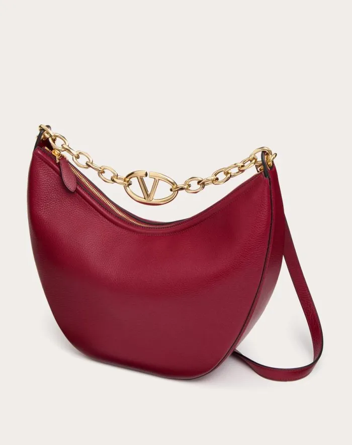 Valentino Shoulder Bags Woman Vlogo Moon Medium Grainy Calfskin Hobo Bag With Chain For Woman In Black Black