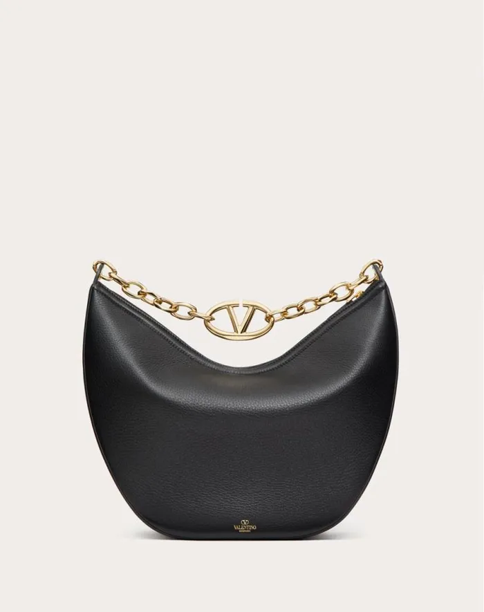 Valentino Shoulder Bags Woman Vlogo Moon Medium Grainy Calfskin Hobo Bag With Chain For Woman In Black Black