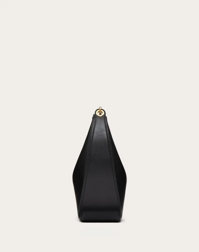 Valentino Shoulder Bags Woman Vlogo Moon Medium Grainy Calfskin Hobo Bag With Chain For Woman In Black Black