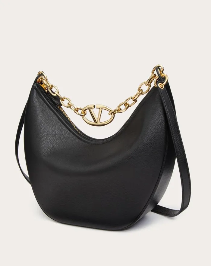 Valentino Shoulder Bags Woman Vlogo Moon Medium Grainy Calfskin Hobo Bag With Chain For Woman In Black Black