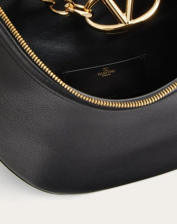 Valentino Shoulder Bags Woman Vlogo Moon Medium Grainy Calfskin Hobo Bag With Chain For Woman In Black Black