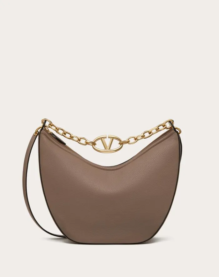 Valentino Shoulder Bags Woman Vlogo Moon Medium Grainy Calfskin Hobo Bag With Chain For Woman In Black Black