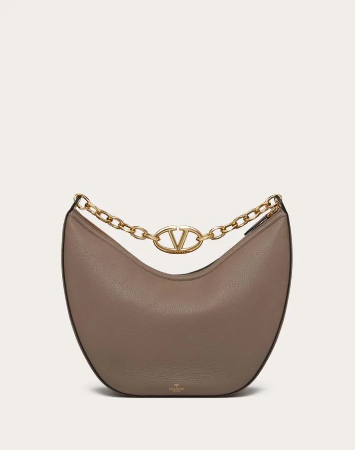 Valentino Shoulder Bags Woman Vlogo Moon Medium Grainy Calfskin Hobo Bag With Chain For Woman In Black Black