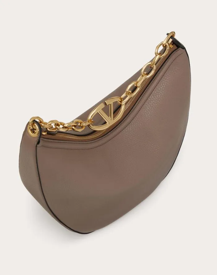 Valentino Shoulder Bags Woman Vlogo Moon Medium Grainy Calfskin Hobo Bag With Chain For Woman In Black Black