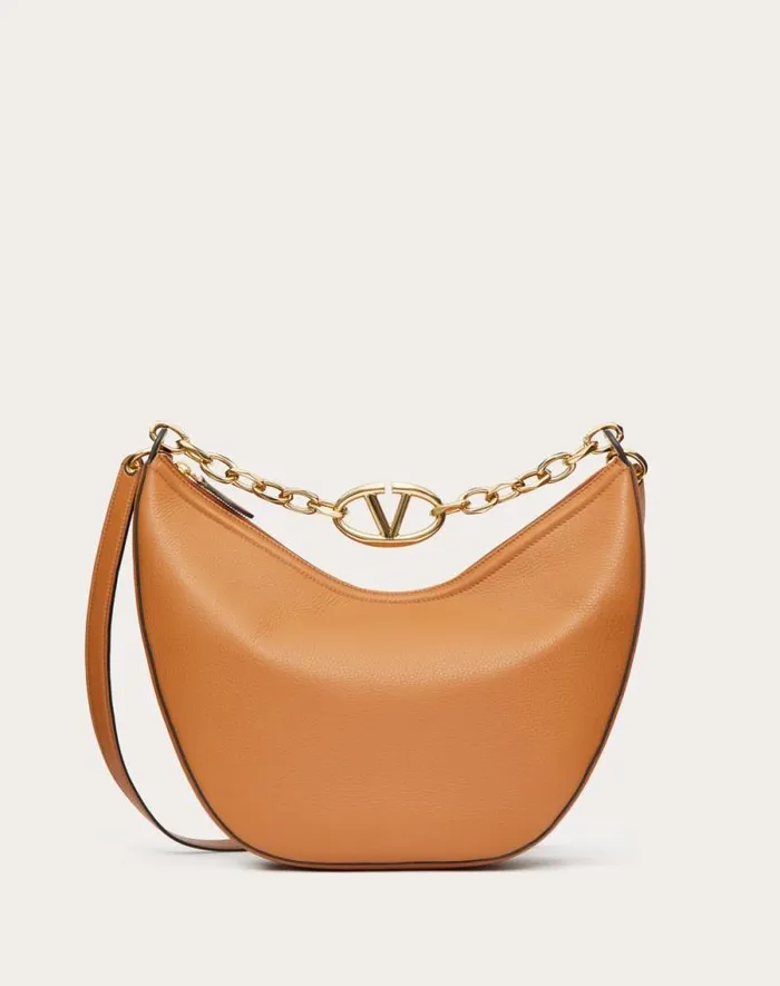 Valentino Shoulder Bags Woman Vlogo Moon Medium Grainy Calfskin Hobo Bag With Chain For Woman In Black Black