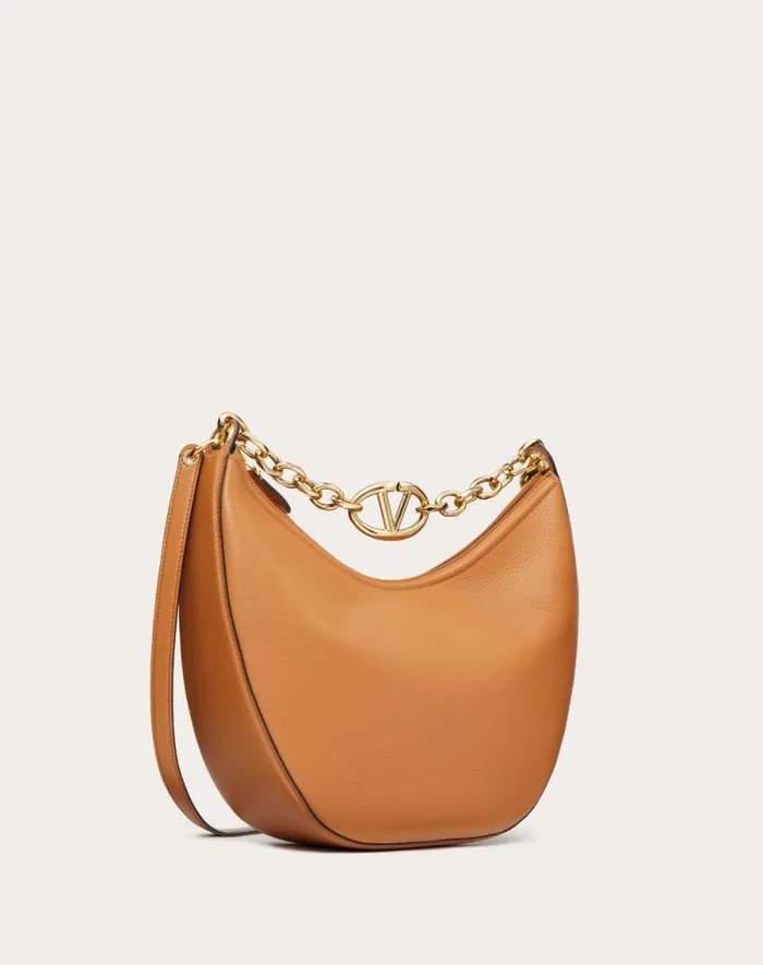 Valentino Shoulder Bags Woman Vlogo Moon Medium Grainy Calfskin Hobo Bag With Chain For Woman In Black Black