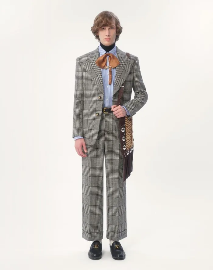 Valentino Suits Man Wool Pants With Turnups With Check Pattern On Houndstooth For Man In Ivoryblack Ivoryblack