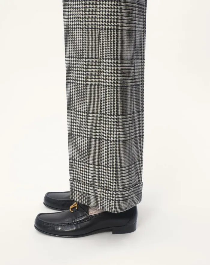 Valentino Suits Man Wool Pants With Turnups With Check Pattern On Houndstooth For Man In Ivoryblack Ivoryblack