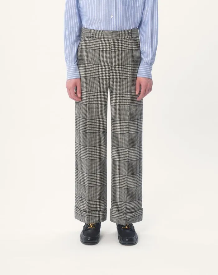 Valentino Suits Man Wool Pants With Turnups With Check Pattern On Houndstooth For Man In Ivoryblack Ivoryblack