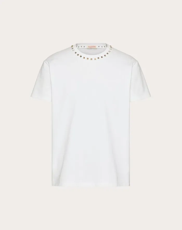 Valentino Tshirts And Sweatshirts Man Cotton Crewneck Tshirt With Black Untitled Studs For Man In Navy Navy