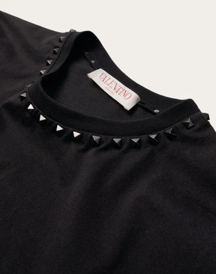 Valentino Tshirts And Sweatshirts Man Cotton Crewneck Tshirt With Black Untitled Studs For Man In Navy Navy