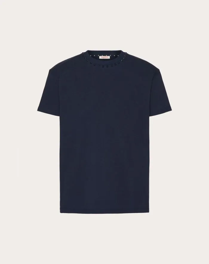 Valentino Tshirts And Sweatshirts Man Cotton Crewneck Tshirt With Black Untitled Studs For Man In Navy Navy