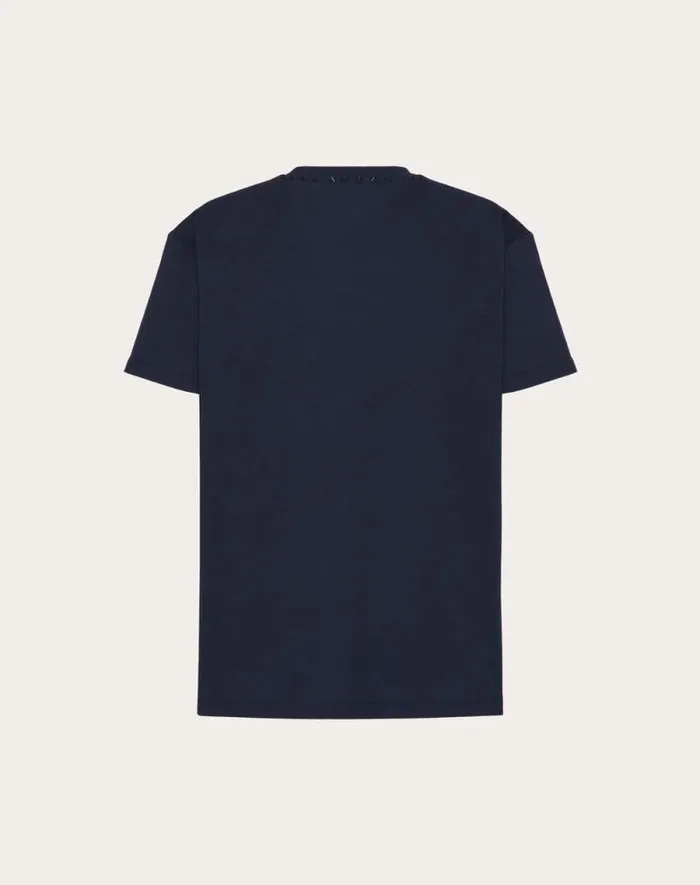 Valentino Tshirts And Sweatshirts Man Cotton Crewneck Tshirt With Black Untitled Studs For Man In Navy Navy
