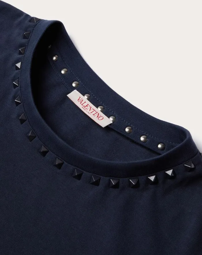 Valentino Tshirts And Sweatshirts Man Cotton Crewneck Tshirt With Black Untitled Studs For Man In Navy Navy