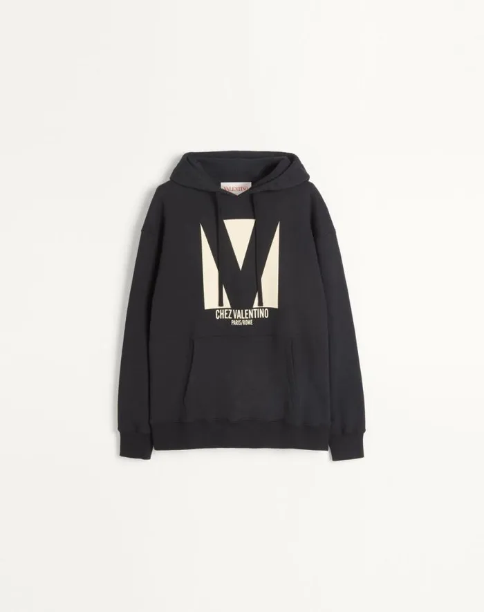 Valentino Tshirts And Sweatshirts Man Cotton Hooded Sweatshirt With Chez Valentino Print For Man In Black Black