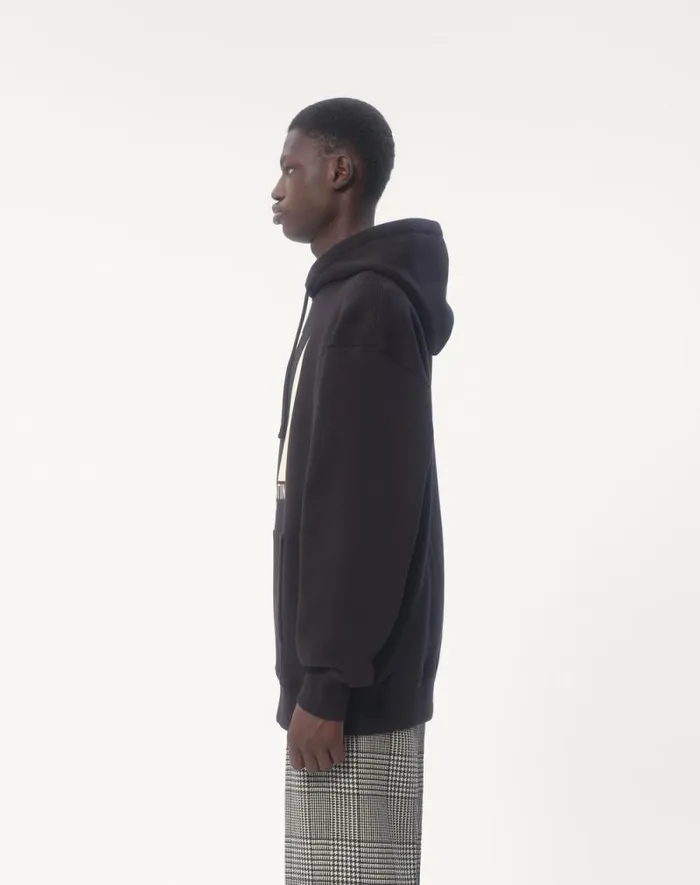 Valentino Tshirts And Sweatshirts Man Cotton Hooded Sweatshirt With Chez Valentino Print For Man In Black Black Valentino Tshirts And Sweatshirts Man Cotton Hooded Sweatshirt With Chez Valentino Print For Man In Black Black