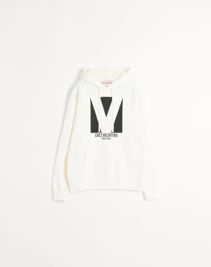 Valentino Tshirts And Sweatshirts Man Cotton Hooded Sweatshirt With Chez Valentino Print For Man In Black Black Valentino Tshirts And Sweatshirts Man Cotton Hooded Sweatshirt With Chez Valentino Print For Man In Black Black