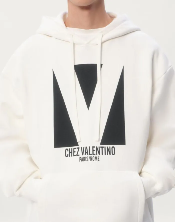 Valentino Tshirts And Sweatshirts Man Cotton Hooded Sweatshirt With Chez Valentino Print For Man In Black Black Valentino Tshirts And Sweatshirts Man Cotton Hooded Sweatshirt With Chez Valentino Print For Man In Black Black