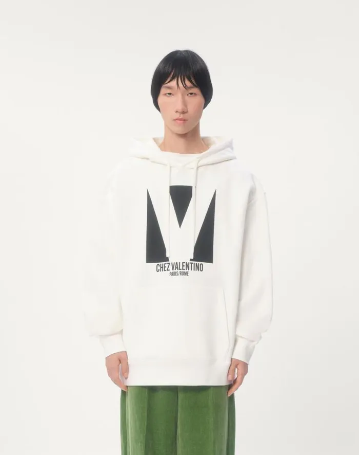 Valentino Tshirts And Sweatshirts Man Cotton Hooded Sweatshirt With Chez Valentino Print For Man In Black Black Valentino Tshirts And Sweatshirts Man Cotton Hooded Sweatshirt With Chez Valentino Print For Man In Black Black