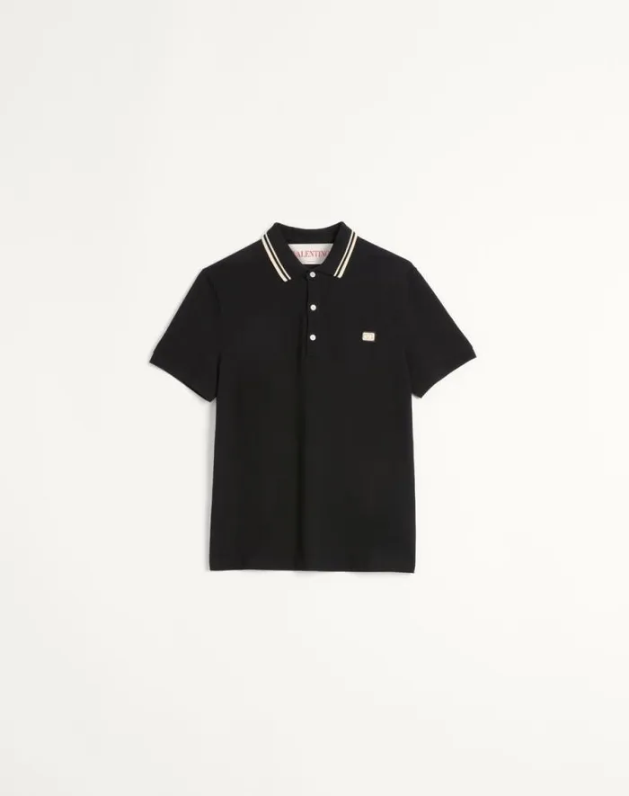 Valentino Tshirts And Sweatshirts Man Cotton Piqu Polo Shirt With Vlogo Patch For Man In Black Black