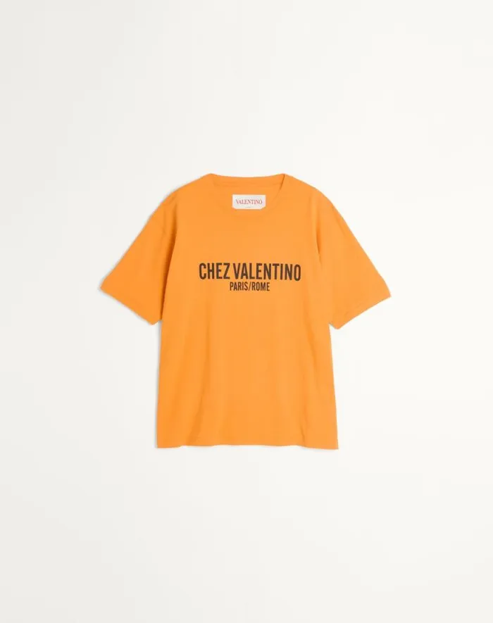 Valentino Tshirts And Sweatshirts Man Cotton Tshirt With Chez Valentino Print For Man In Orange Orange