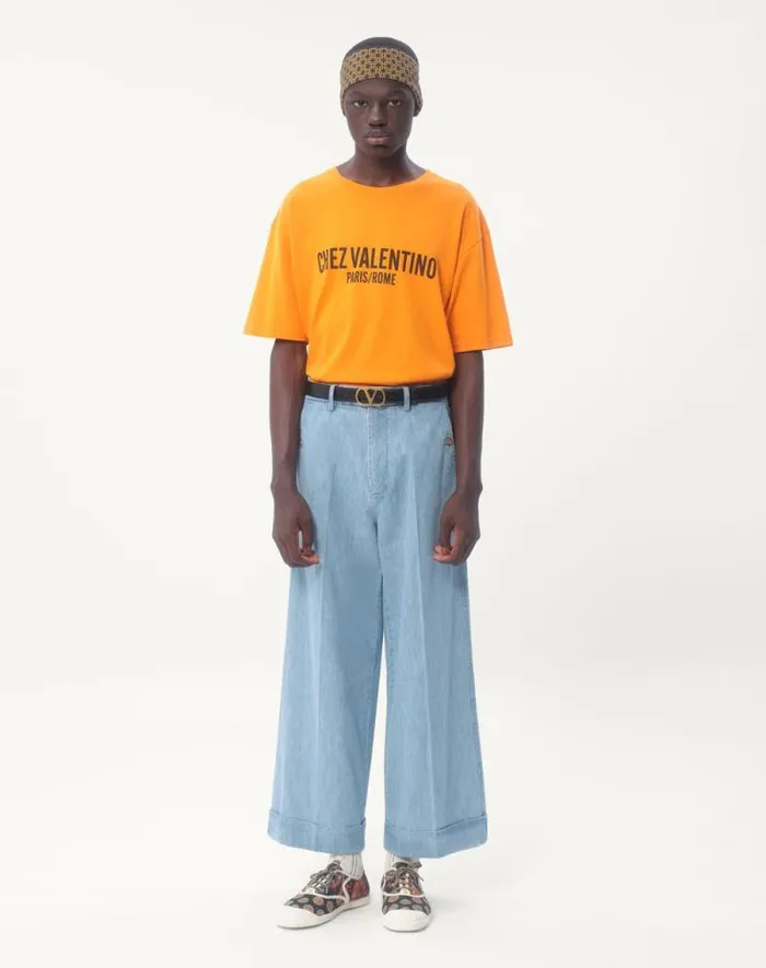 Valentino Tshirts And Sweatshirts Man Cotton Tshirt With Chez Valentino Print For Man In Orange Orange Valentino Tshirts And Sweatshirts Man Cotton Tshirt With Chez Valentino Print For Man In Orange Orange