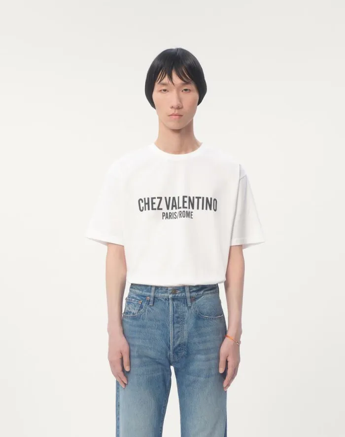 Valentino Tshirts And Sweatshirts Man Cotton Tshirt With Chez Valentino Print For Man In Orange Orange Valentino Tshirts And Sweatshirts Man Cotton Tshirt With Chez Valentino Print For Man In Orange Orange
