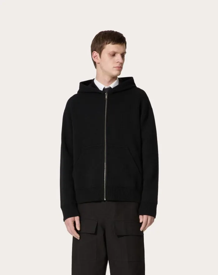 Valentino Tshirts And Sweatshirts Man Hooded Wool Sweatshirt For Man In Black Black Valentino Tshirts And Sweatshirts Man Hooded Wool Sweatshirt For Man In Black Black