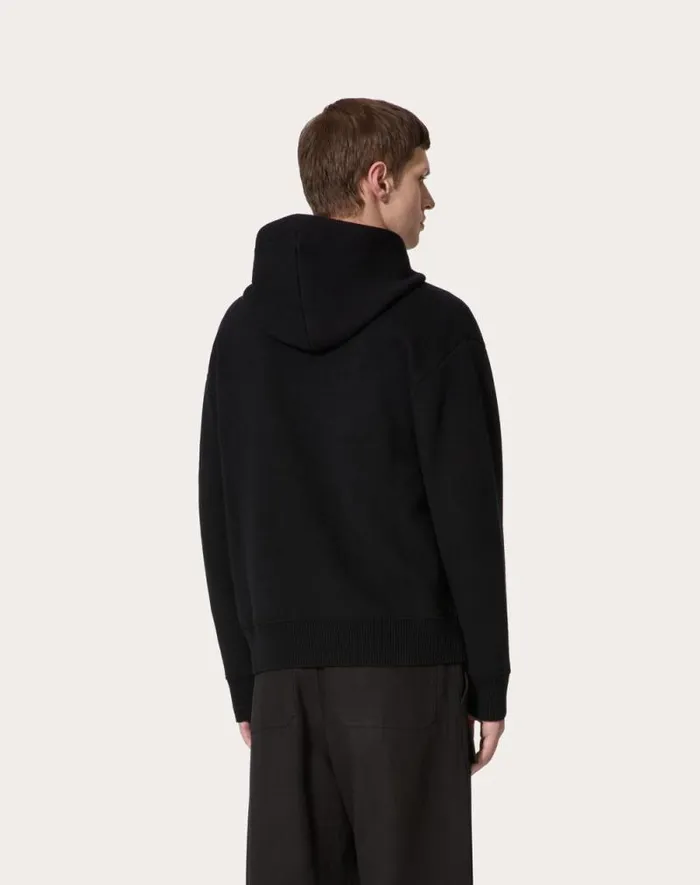 Valentino Tshirts And Sweatshirts Man Hooded Wool Sweatshirt For Man In Black Black Valentino Tshirts And Sweatshirts Man Hooded Wool Sweatshirt For Man In Black Black
