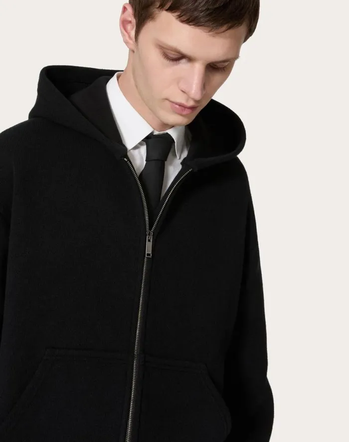 Valentino Tshirts And Sweatshirts Man Hooded Wool Sweatshirt For Man In Black Black Valentino Tshirts And Sweatshirts Man Hooded Wool Sweatshirt For Man In Black Black