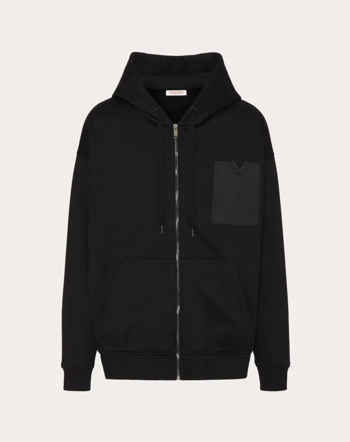 Valentino Tshirts And Sweatshirts Man Technical Cotton Sweatshirt With Hood Zipper And Rubberized V Detail For Man In Black Black