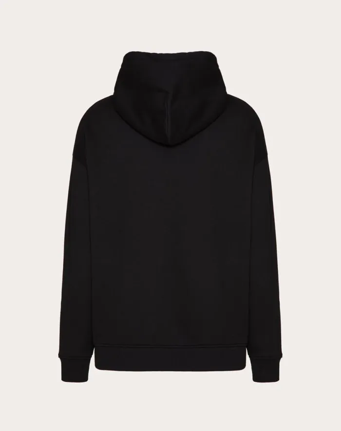 Valentino Tshirts And Sweatshirts Man Technical Cotton Sweatshirt With Hood Zipper And Rubberized V Detail For Man In Black Black Valentino Tshirts And Sweatshirts Man Technical Cotton Sweatshirt With Hood Zipper And Rubberized V Detail For Man In Black Black