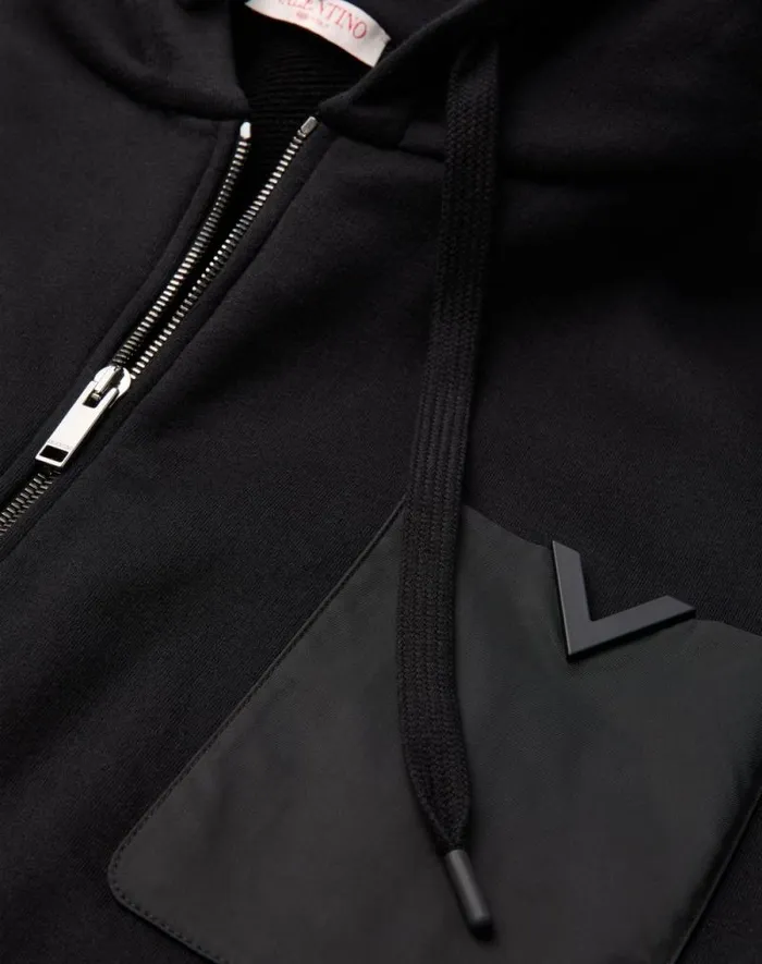 Valentino Tshirts And Sweatshirts Man Technical Cotton Sweatshirt With Hood Zipper And Rubberized V Detail For Man In Black Black Valentino Tshirts And Sweatshirts Man Technical Cotton Sweatshirt With Hood Zipper And Rubberized V Detail For Man In Black Black