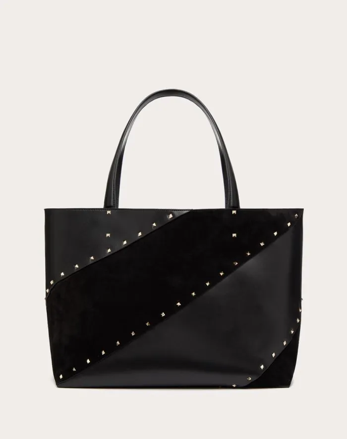 Valentino Totes Woman Valentino Garavani Shopping Bag Valentino Garavani Rockstud Wispy In Calfskin And Suede For Woman In Black Black Valentino Totes Woman Valentino Garavani Shopping Bag Valentino Garavani Rockstud Wispy In Calfskin And Suede For Woman In Black Black