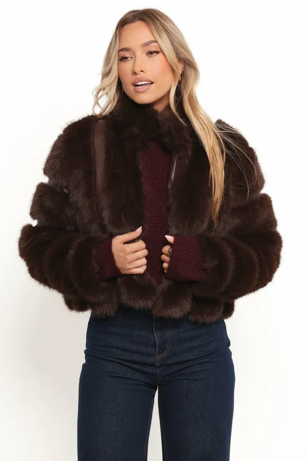 Velma Channel Faux Fur Chocolate Jackets and Coats Petal and Pup Women